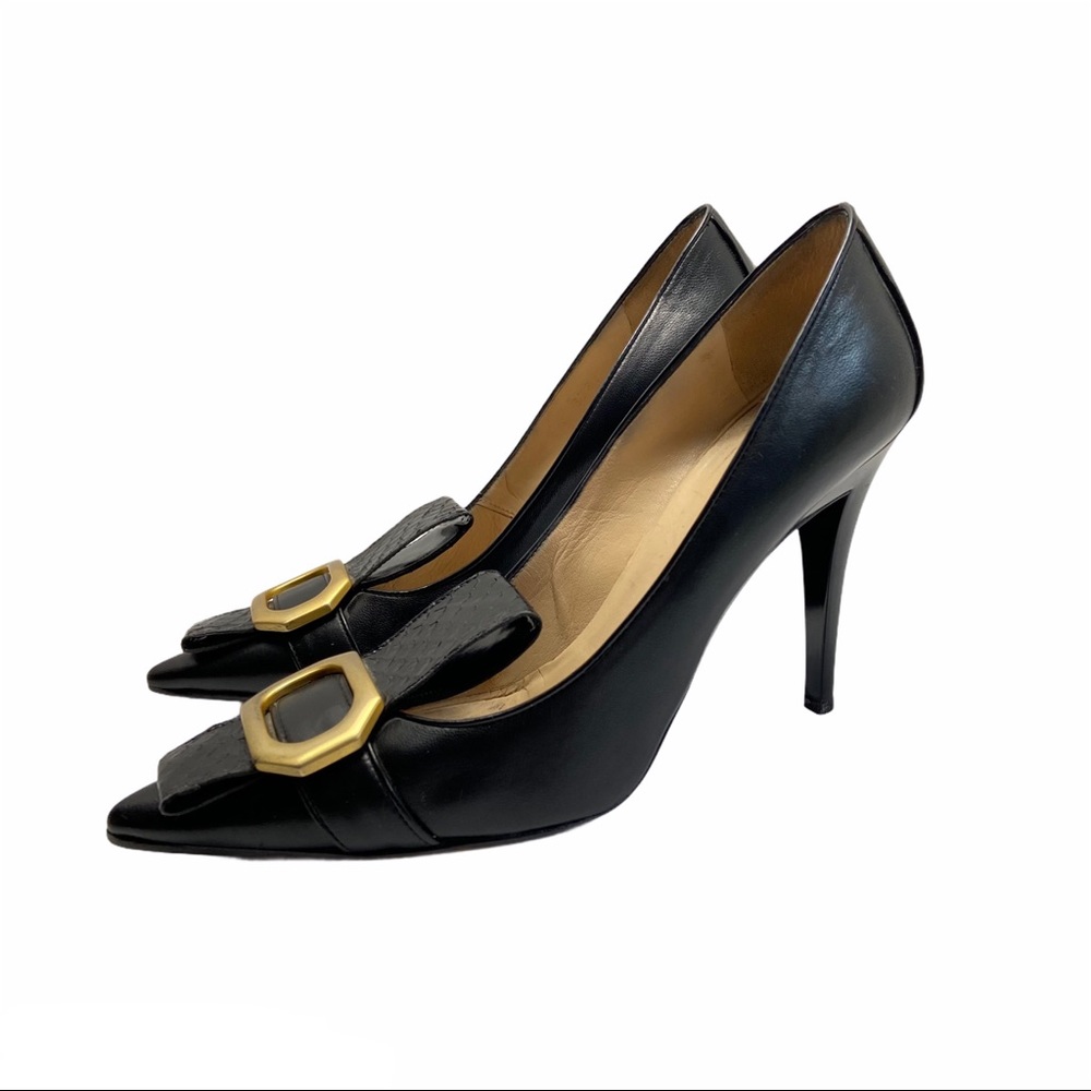 ESCADA Black Leather Pumps Peeptoes Shoes Sz 38.5